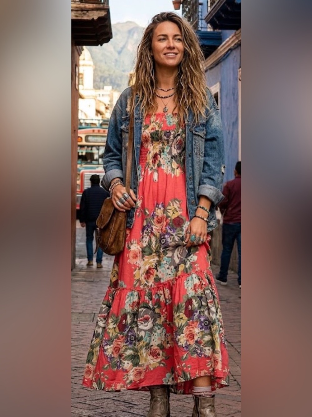 Connection 18 cotton red Floral Maxi dress with Ruffle Hem strapless M‎ boho